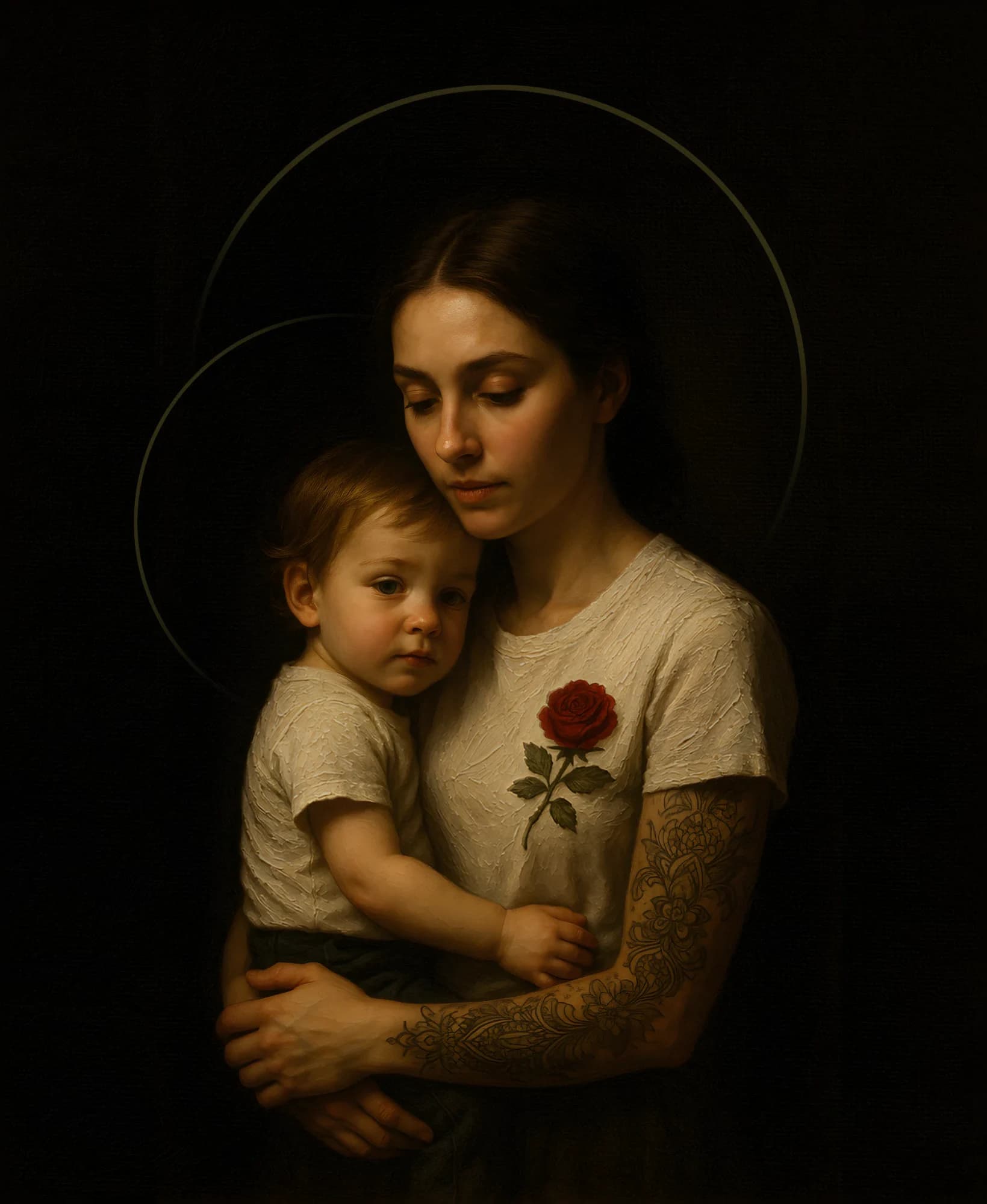A painting from Rosa Matter: a mother holds her child, a rose on her T-shirt, her arm tattooed, two thin gold rings behind them.