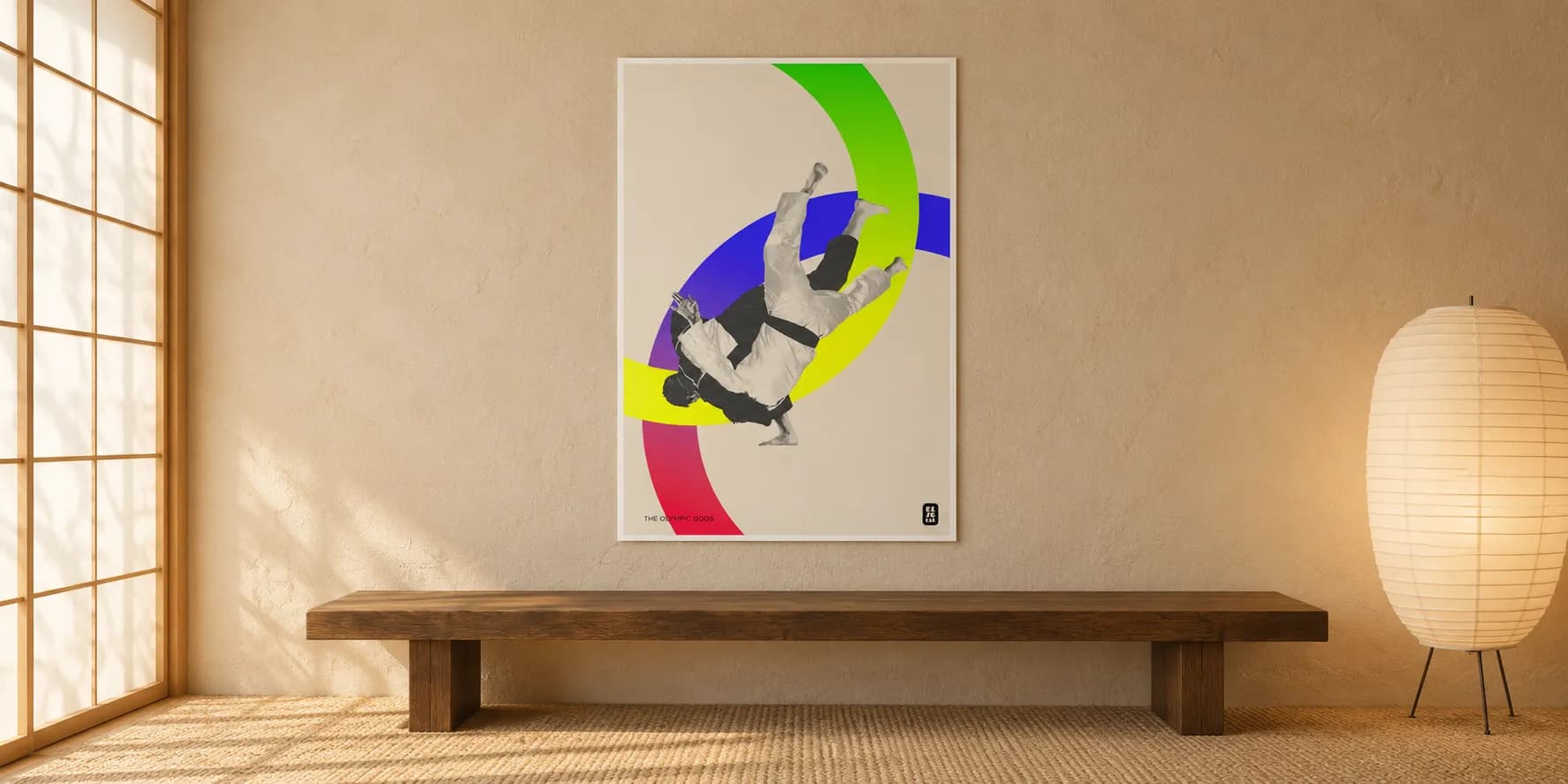 The Judoka on the wall of a calm, light interior