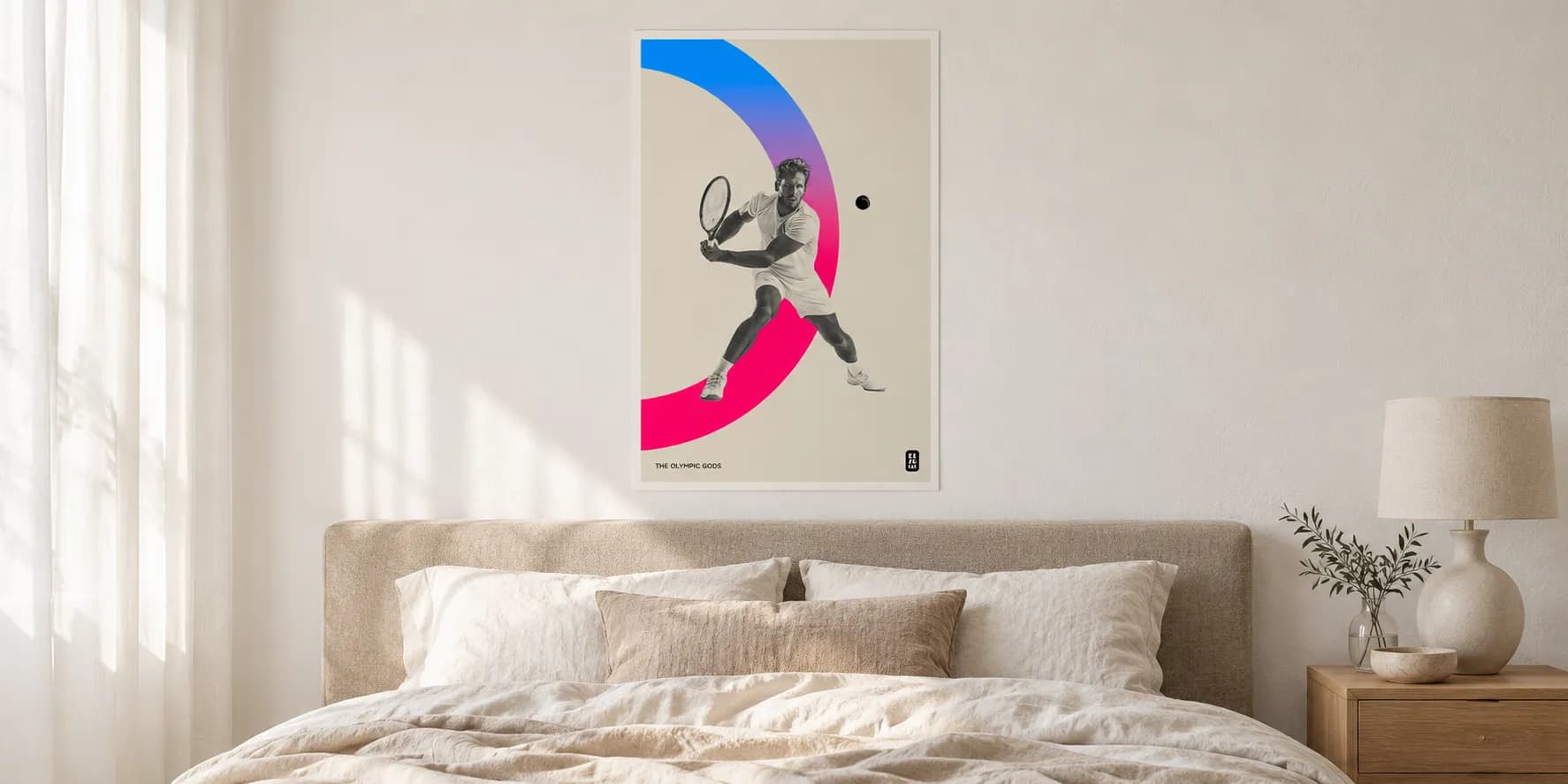 The Tennisman on the wall of a calm, light interior