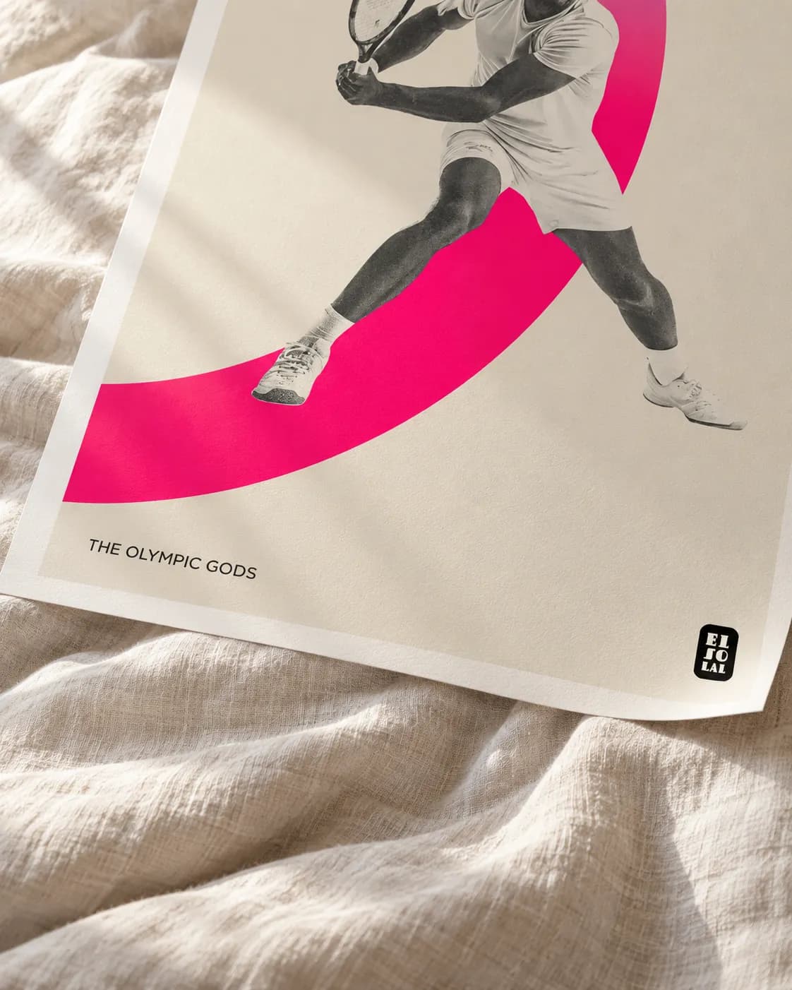A corner of The Tennisman lifting, the grain of the paper in raking light