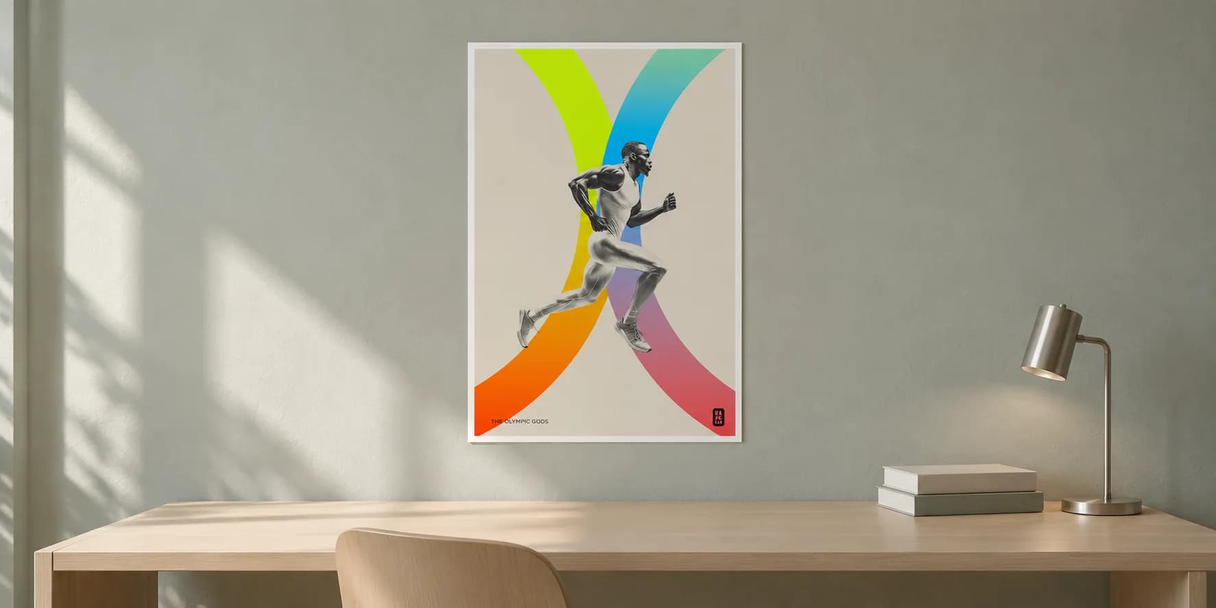 The Track and Field on the wall of a calm, light interior