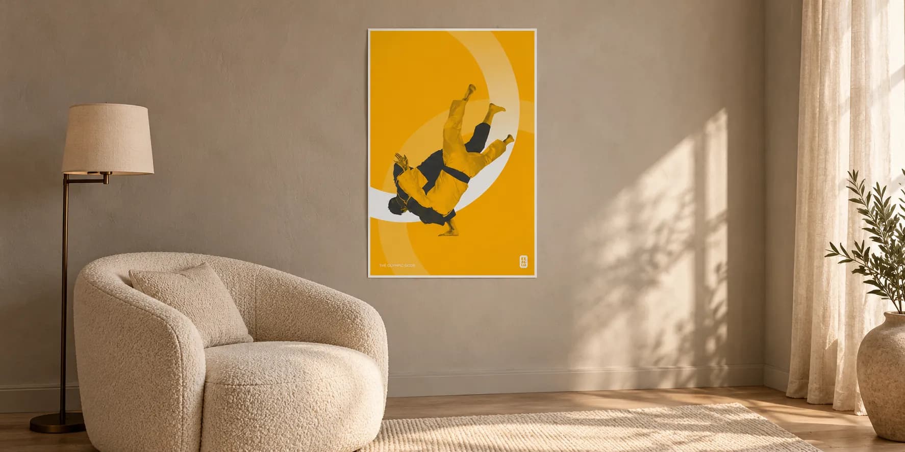 The Judoka on the wall of a calm, light interior