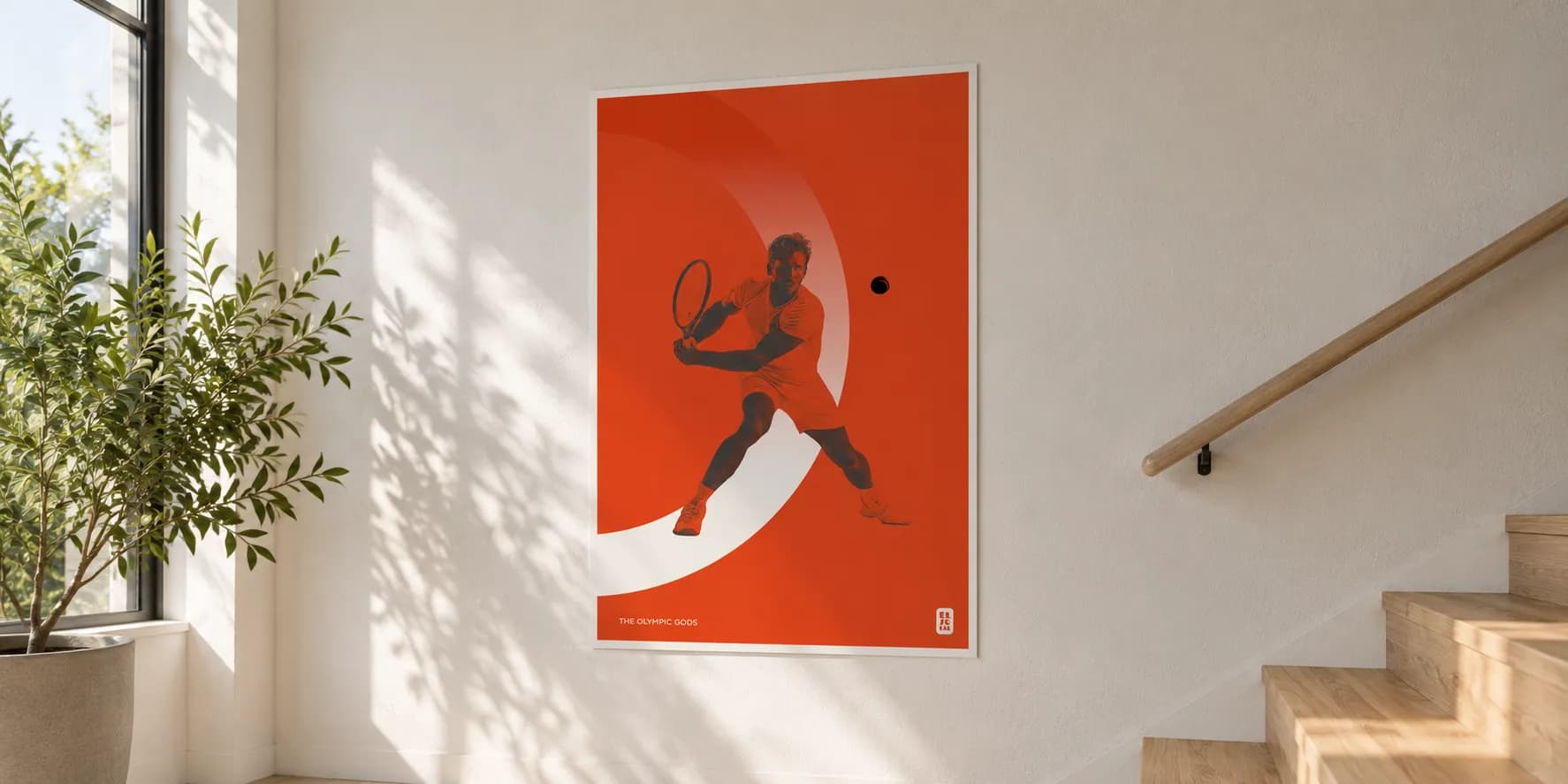The Tennisman on the wall of a calm, light interior
