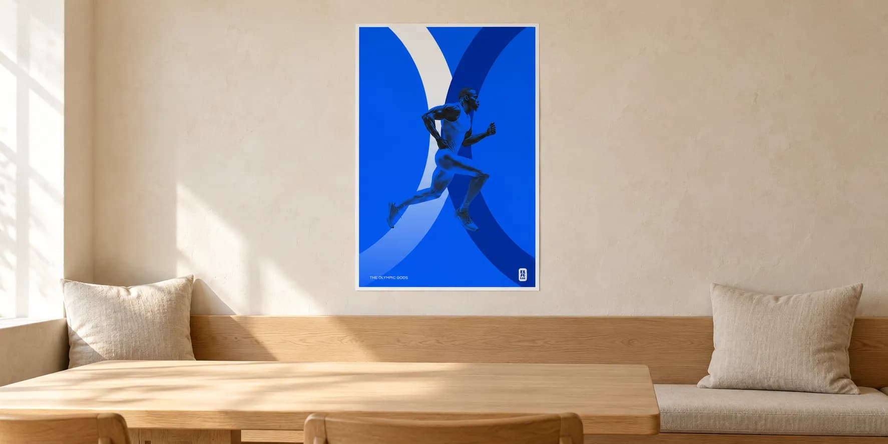 The Track and Field on the wall of a calm, light interior